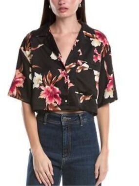 AFRM black and pink floral print short-sleeve crop top with a button-down front